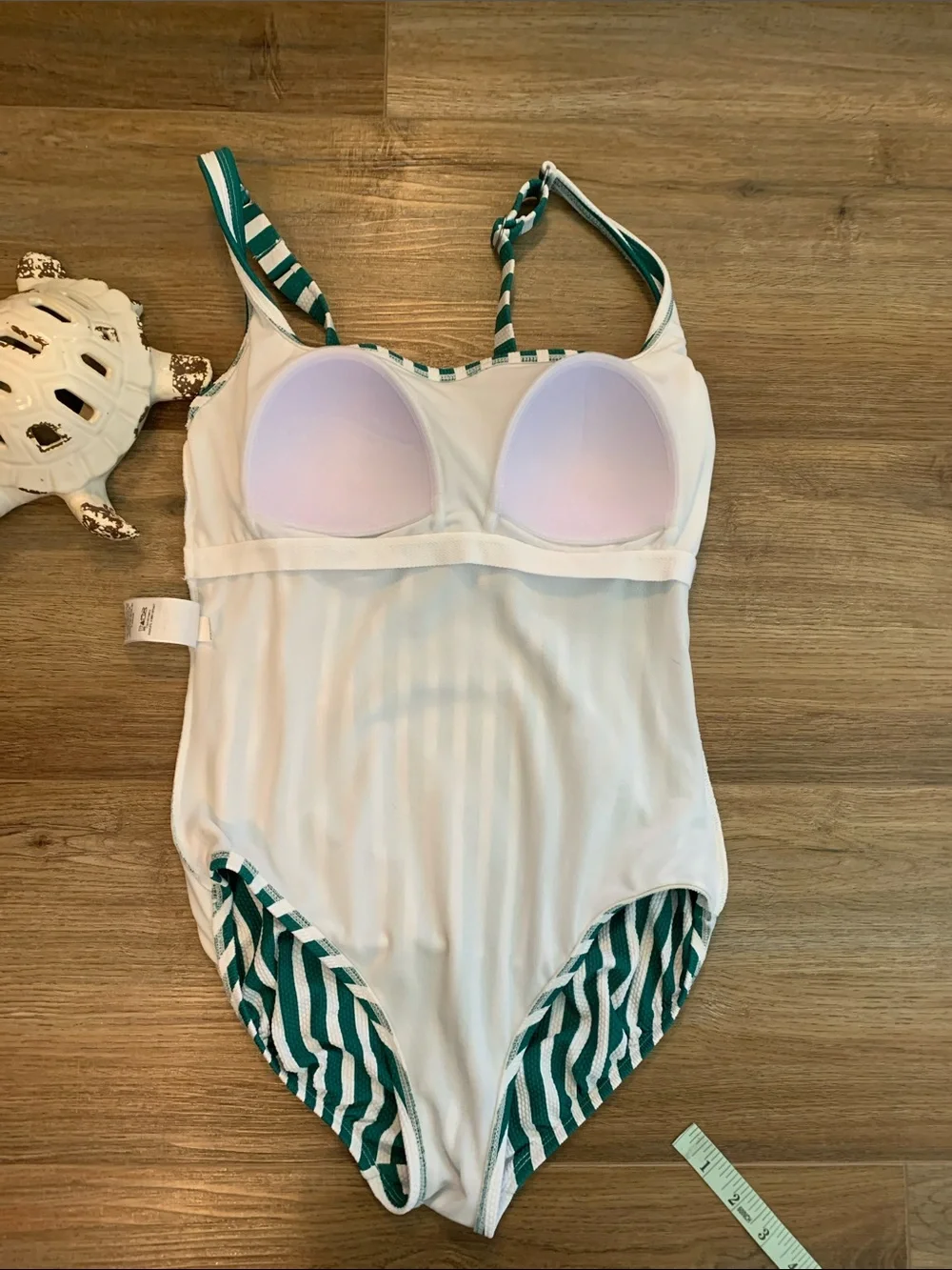 Time and Tru Green and White Striped One-Piece Swimsuit Size M